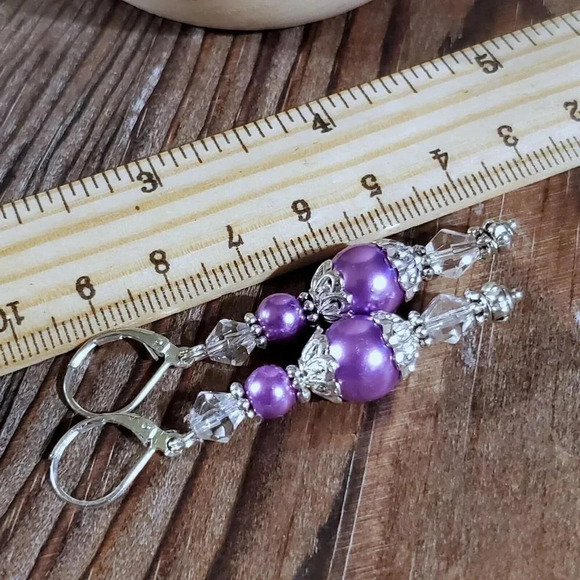 Art Nouveau Purple Glass Pearl Silver Plated Handcrafted Dangle Earrings - Picture 11 of 11